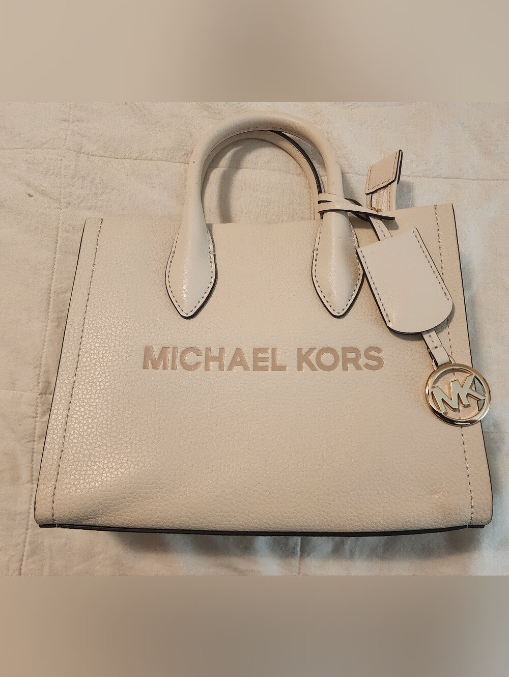 Michael Kors Cream Leather Logo Satchel with Gold Logo Charm Structured New